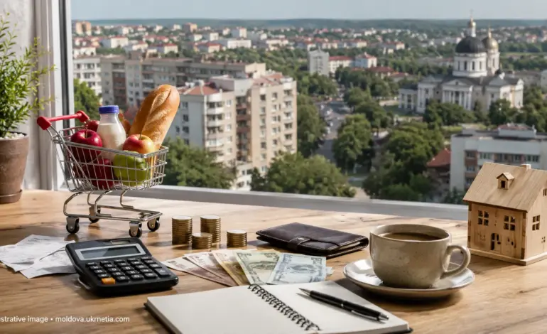 Cost of living in Moldova with groceries, money, household expenses, and a city view
